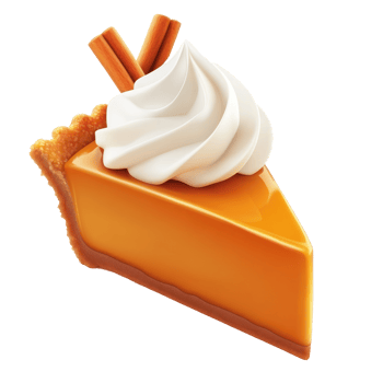 pumpkin pie slice with whipped cream and cinnamon sticks on transparent background png