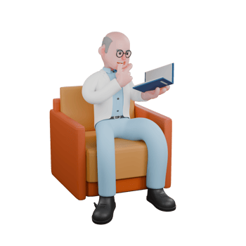 Scientific Research Expert in 3D. A male scientist is sitting on a couch while holding a blue book. Cartoon Scientist png