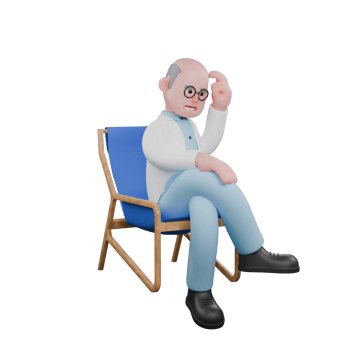 Research Expert 3D Model. A male scientist sits on a recliner while thinking. Scientist Cartoon png
