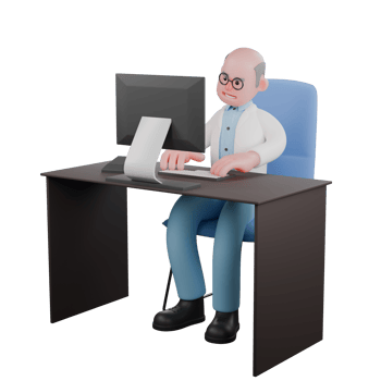 3D Cartoon Scientist Character. A male scientist sits at a desk with both hands operating a computer. Laboratory Research Model png