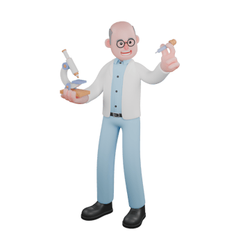 Male Research Artist 3D Model. A male scientist is standing while carrying a microscope and a dropper. Scientist Cartoon png
