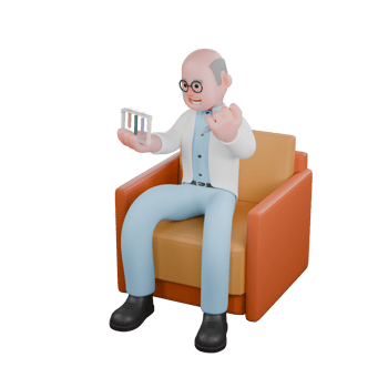 3D Research Expert Scientist. A male scientist is sitting on a sofa observing some graduated cylinders in a mini graduated cylinder rack he is holding. Cartoon Male Laboratory Teacher png