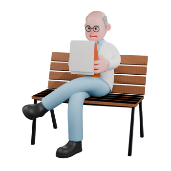 3D Animated Scientist. A male scientist sitting on a park bench holding a clipboard with both hands. Male Quantum Researche png