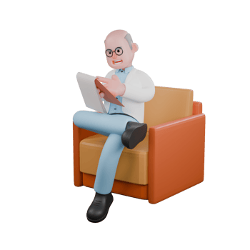 3D Male Scientist at Microscope. A male scientist sitting on a sofa holding a clipboard in his left hand and his right hand above the clipboard while pointing. Research Development Cartoon png