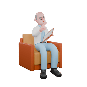 3D Professional Scientist. A male scientist sitting on a couch holding a clipboard and pointing forward. Male Research Expert png