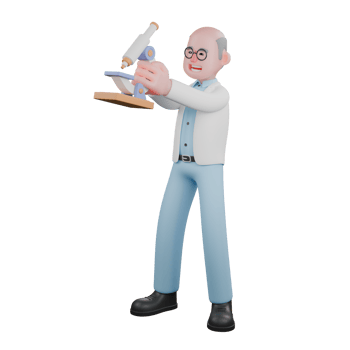 Illustrated Research Expert. A male scientist is standing while carrying a microscope in both hands. 3D Male Scientist png