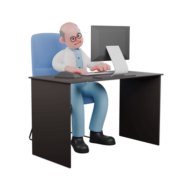 3D Illustrated of a Male Professional Scientist. A male scientist is typing on a keyboard and sitting on his desk chair with a monitor screen above him. Science png