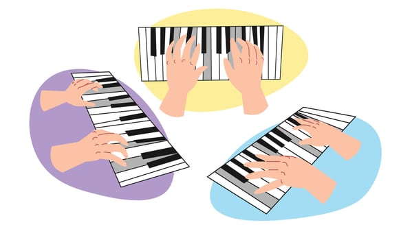 Set of hands playing piano. Isolated on white background. Concept of music, artist, hobby, pianist. Flat illustration. vector
