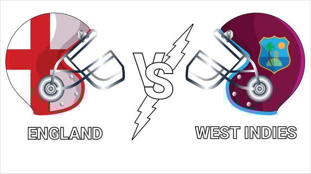 England vs West Indies 3D Illustration flags over cricket Helmet for Versus Match vector