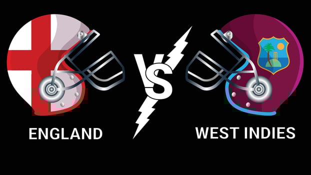 England vs West Indies 3D Illustration flags over cricket Helmet for Versus Match with Black Background vector