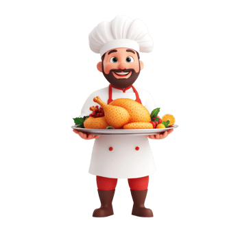 3D icon cartoon chef holding a tray of food on a transparent background png