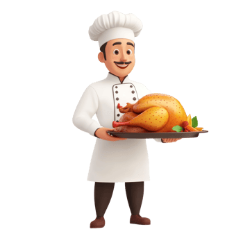 3D icon cartoon chef holding a roasted turkey on a tray png