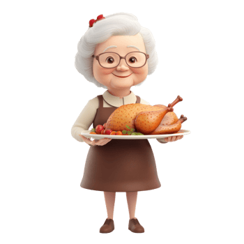 an old lady holding a turkey on a plate png