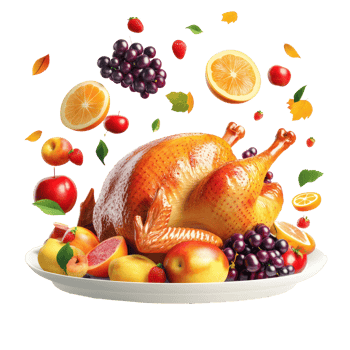 Roasted turkey with apples, grapes, orange and fruit falling in the air into plate png