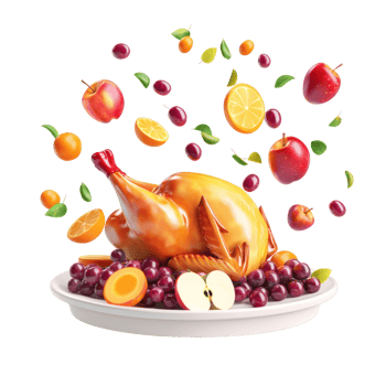 Roasted turkey with apples, grapes, orange and fruit falling in the air into plate 3D icon png