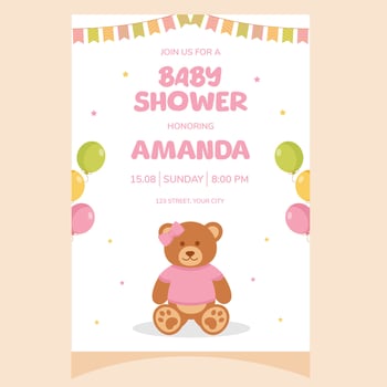 Baby shower party invitation. It's a girl. Invitation with teddy bear toy. Template for party invitation, poster, greeting card. vector