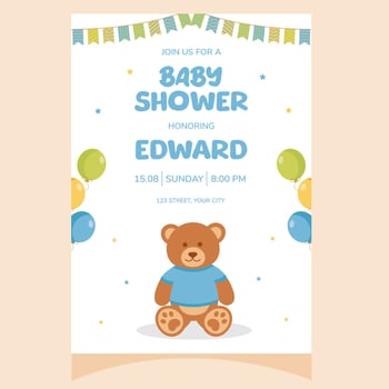 Baby shower party invitation. It's a boy. Invitation with teddy bear toy. Template for party invitation, poster, greeting card. vector