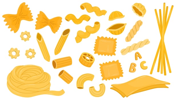 Various italian pasta types. Noodles different, lasagne, spaghetti and penne. Traditional cuisine italy, racy, homemade products. Flat illustration isolated on the white background vector