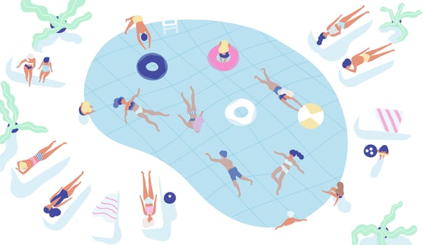 Group of people dressed in swimwear swimming in pool or lying down on sunloungers and sunbathing. Men and women performing summer outdoor water activities. Colorful illustration in flat style. vector