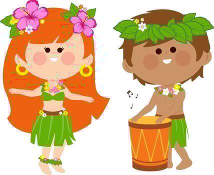 Hawaiian boy playing music with his drum and a Hawaiian hula dancer girl dancing. Children on summer Hawaii island vacations at the beach. vector