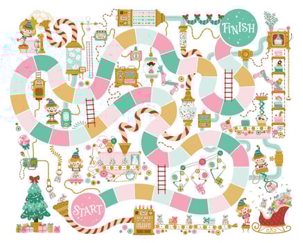 Kids Christmas board game with a fabulous gift and candy factory with funny elves. Snakes and ladders vector