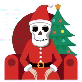 Santa claus skeleton sitting on chair with christmas tree vector