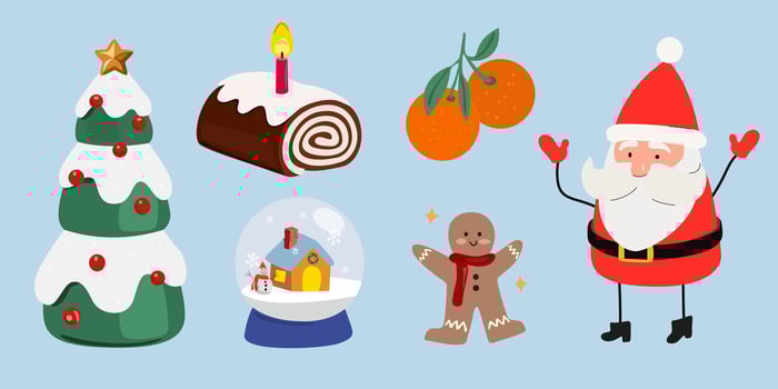 Christmas and New Year stickers in flat style. Christmas tree, sweet roll, christmas goodies, Santa Claus, tangerines, knitted gloves and socks. Attributes of the New Year holiday vector