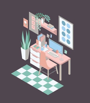 Isometric workplace with desk, chair, computer, shelf, wall pictures, potted plants, carpet isolated on dark background. Modern interior of comfortable home office. Colorful illustration. vector