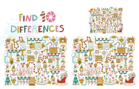 Find 10 differences in the picture. Christmas factory with elves. Fantasy mechanisms, conveyors and robots that pack gifts for children. Hand-drawn illustration in cartoon style. Puzzle Hidden Items. vector