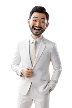 a cartoon man smiling and wearing a white suit and tie. He has a beard and is standing with his hands in his pockets png