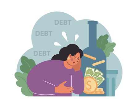 Female alcoholism. Woman suffering from hard drinking, alcohol vector