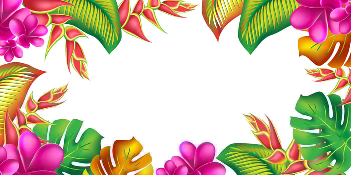Trendy summer exotic flower banner card template. Palm monstera leaves with hibiscus and pink plumeria flowers abstract background. vector