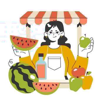 Farmer organic market. Woman sell own growth green natural vector
