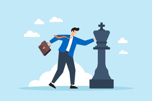 Flat illustration of businessman moves chess king piece symbolizing strategic planning for business success vector