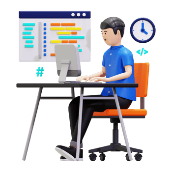 3d Man Sitting In Front Of Computer Developing Program Illustration png