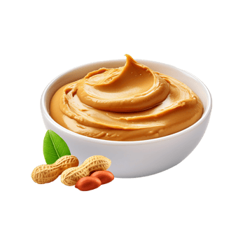 White bowl of of Peanut Butter with peanut slices and leaf on transparent background png