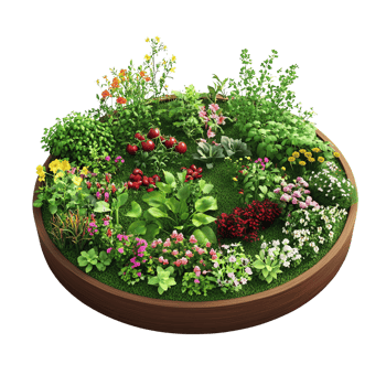 Circular garden bed with various blooming flowers and herbs png