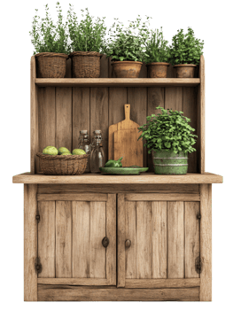 A wooden cabinet with potted plants on it png
