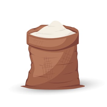 Full bag of flour. Cartoon open big burlap brown sack with pile of flour. illustration for banner, postcard, packaging vector
