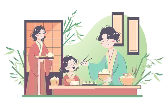 Daily routine of an asian family. Japanese characters in traditional vector
