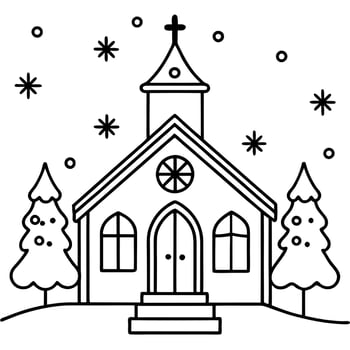 a small church covered in snow, ready for christmas service, illustration line art vector