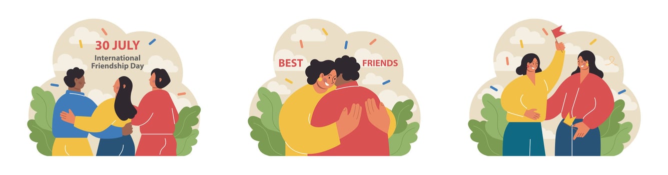 International friendship day set. Cheerful characters celebrating vector