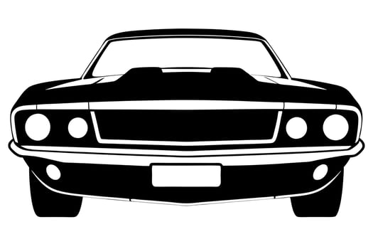 a black and white image of a vintage 1970s american muscle car the car is viewed from a low angle, vector