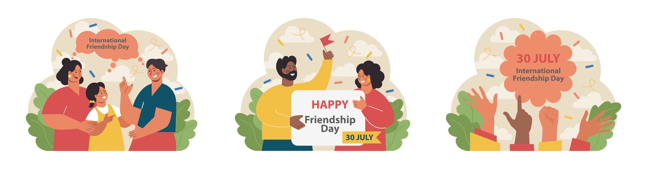 International friendship day set. Cheerful characters celebrating vector