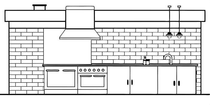 design an industrial kitchen with exposed brick walls, illustration line art vector
