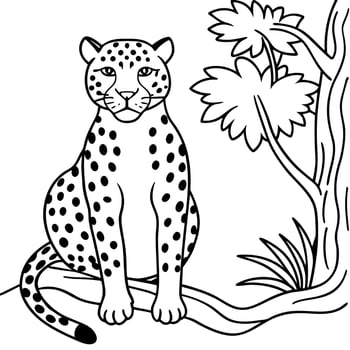 african leopard sitting on a tree looking around in a jungle, illustration line art vector