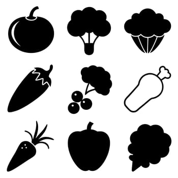 vegetable icon, black silhouettes tomato, broccoli, carrot, onion, radish, corn, beetroot, pepper, vector