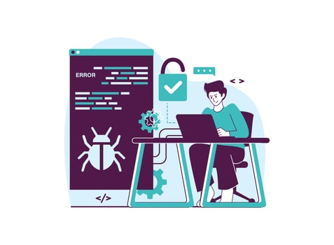 Programmer debugging a code error, represented by a bug and an open lock. vector