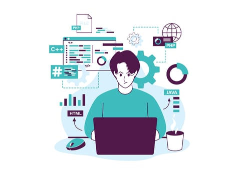 Programmer focused on coding, surrounded by various programming languages and tools. vector