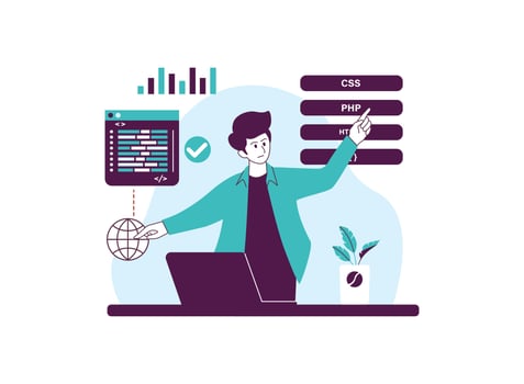 Person working at a computer, surrounded by elements related to web development. vector